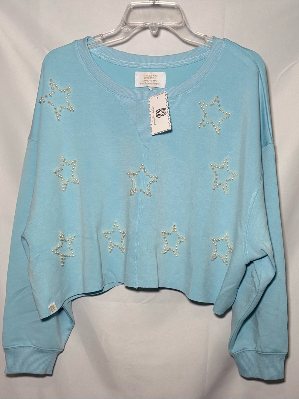Simply Southern Classic Piper Pearl Stars Pullover Cropped Iced Blue Sweatshirt